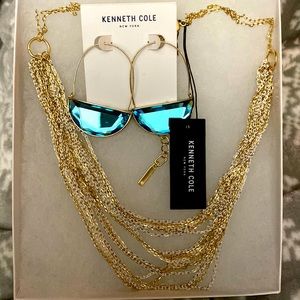 Kenneth Cole white and gold fine chain necklace and gold blue stone earrings NWT